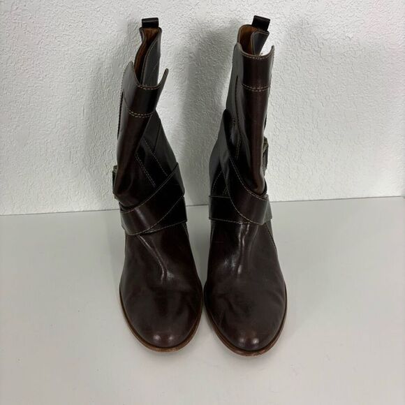 Frye Brown Leather Andrea Mid Calf Heeled Booties - Picture 4 of 10